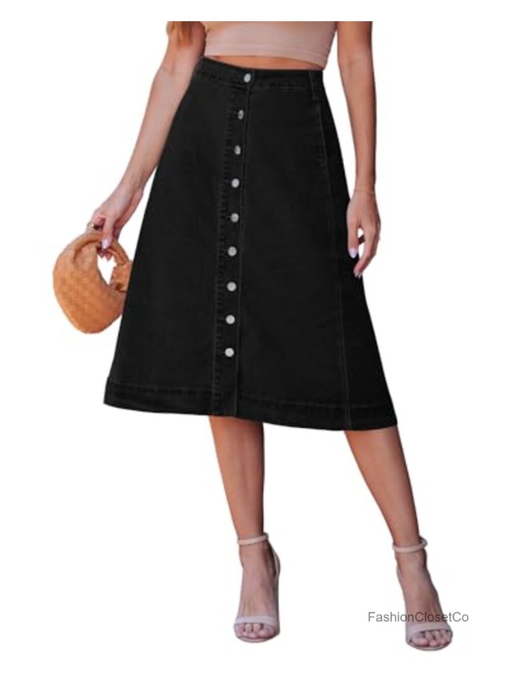 luvamia Womens Midi A-Line Denim Skirt Button Front Stretchy Cotton